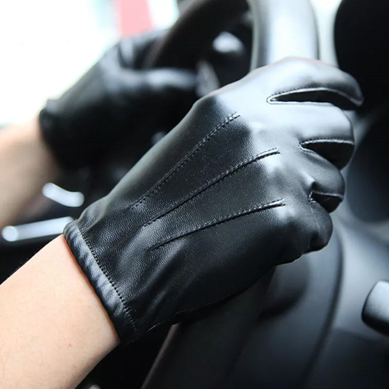 2pcs Men's PU Leather Touchscreen Driving Gloves - Texting Compatible, Hand-Washable, Pull-On Closure, Non-Textile Weave, for Autumn and Winter Warmth