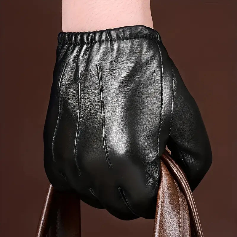 2pcs Men's PU Leather Touchscreen Driving Gloves - Texting Compatible, Hand-Washable, Pull-On Closure, Non-Textile Weave, for Autumn and Winter Warmth