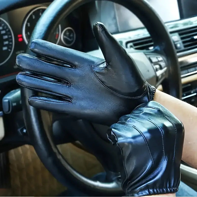 2pcs Men's PU Leather Touchscreen Driving Gloves - Texting Compatible, Hand-Washable, Pull-On Closure, Non-Textile Weave, for Autumn and Winter Warmth