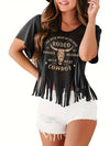 Autumn Women's Patterned T-shirt Western Style Shirt Retro Denim Tassel Shirt Country Concert Top Short Sleeved
