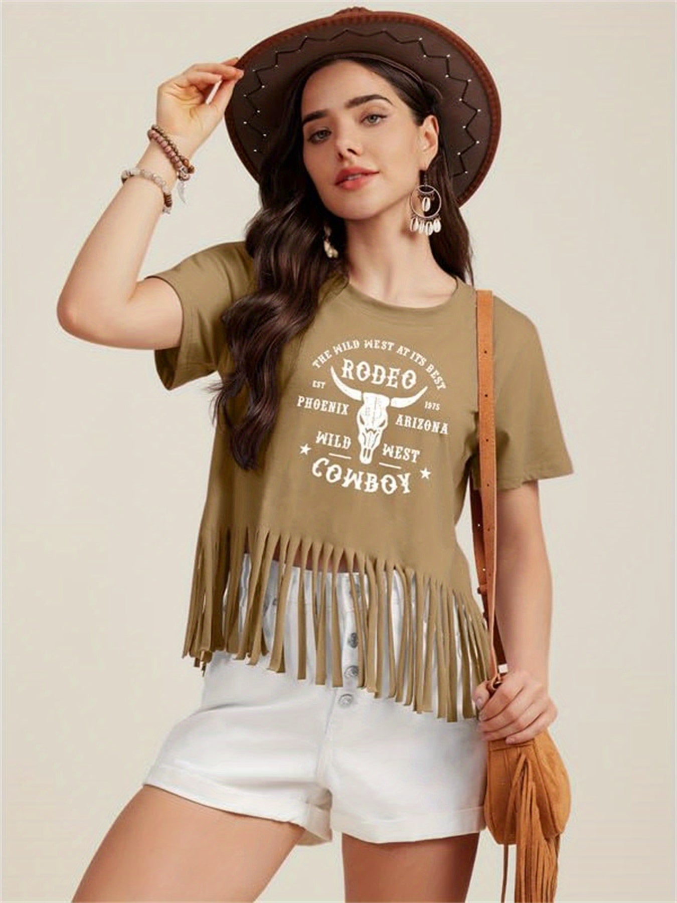 Autumn Women's Patterned T-shirt Western Style Shirt Retro Denim Tassel Shirt Country Concert Top Short Sleeved