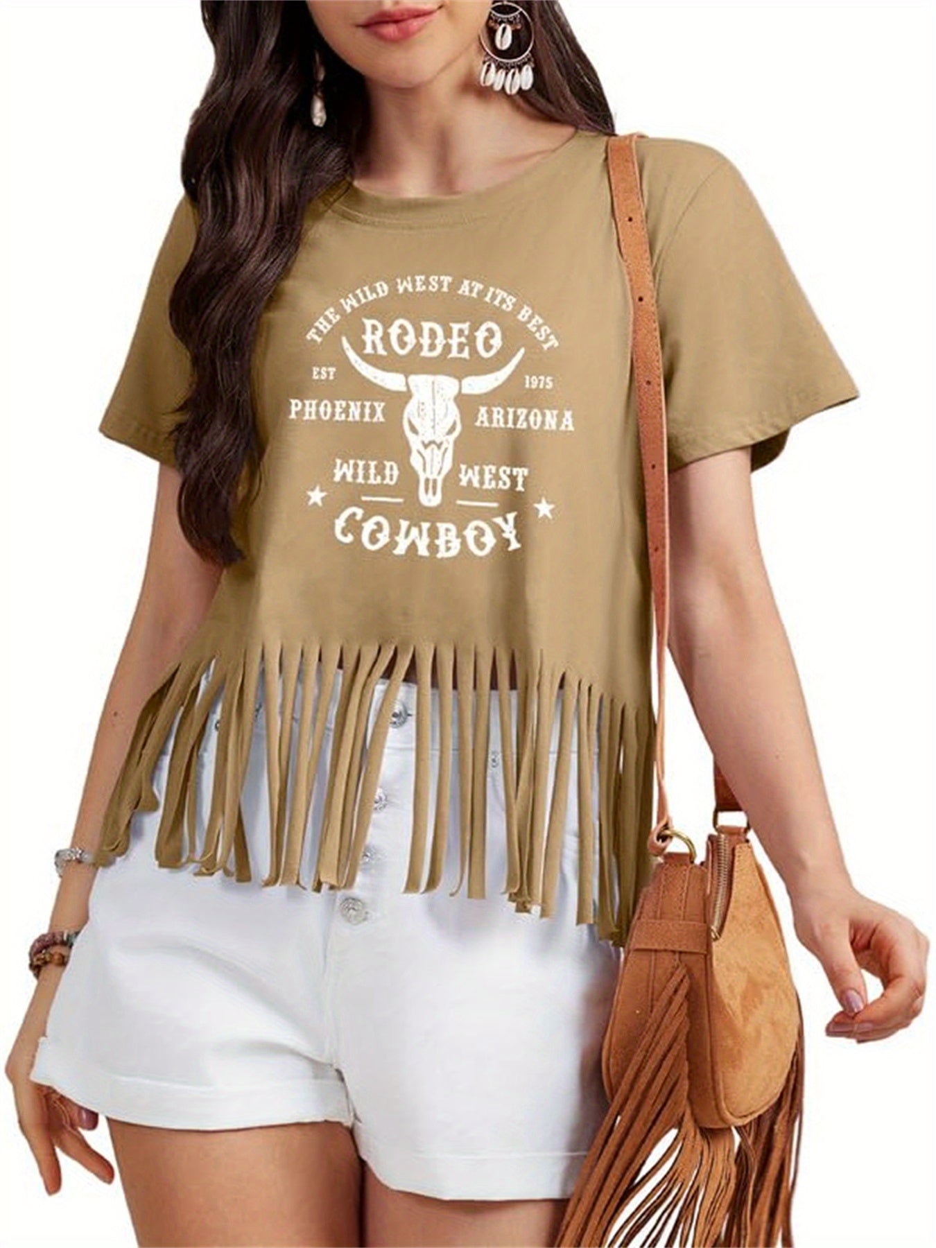 Autumn Women's Patterned T-shirt Western Style Shirt Retro Denim Tassel Shirt Country Concert Top Short Sleeved