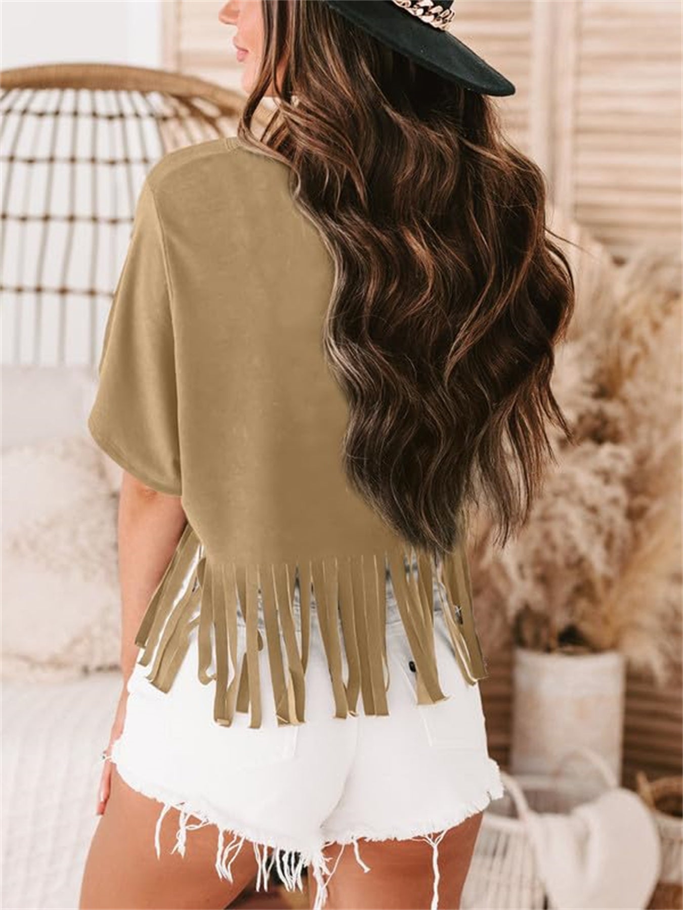 Autumn Women's Patterned T-shirt Western Style Shirt Retro Denim Tassel Shirt Country Concert Top Short Sleeved