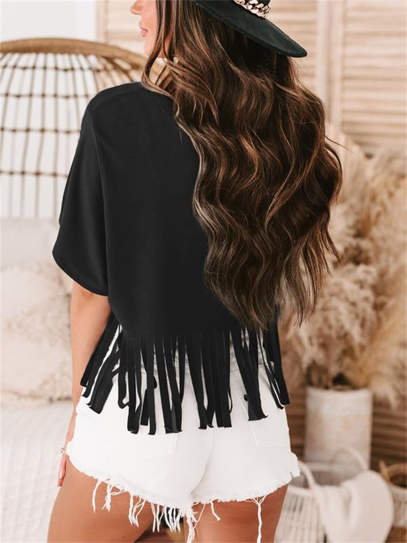Autumn Women's Patterned T-shirt Western Style Shirt Retro Denim Tassel Shirt Country Concert Top Short Sleeved