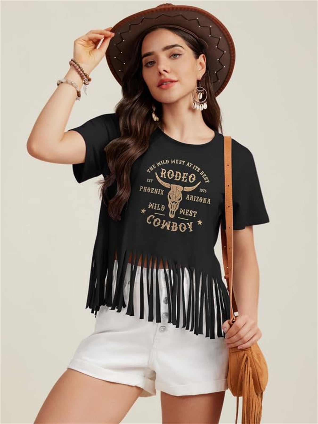 Autumn Women's Patterned T-shirt Western Style Shirt Retro Denim Tassel Shirt Country Concert Top Short Sleeved