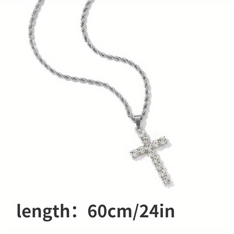 4pcs Men's Hip Hop Bling Set: Golden-Tone Quartz Watch with Rhinestone Bezel, 14mm Cuban Chain Necklace & Bracelet, Cross Pendant - Luxurious Jewelry Gift