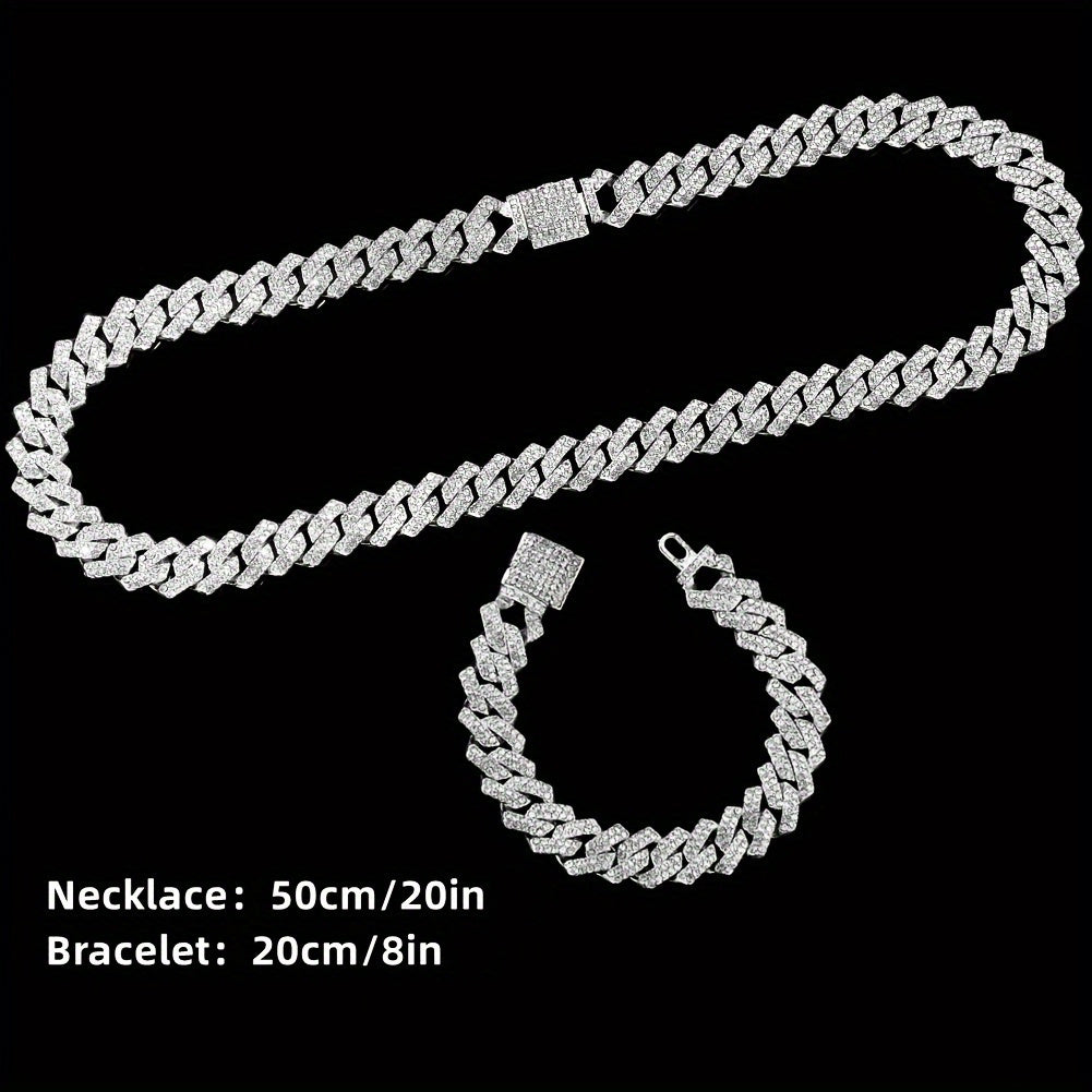 4pcs Men's Hip Hop Bling Set: Golden-Tone Quartz Watch with Rhinestone Bezel, 14mm Cuban Chain Necklace & Bracelet, Cross Pendant - Luxurious Jewelry Gift