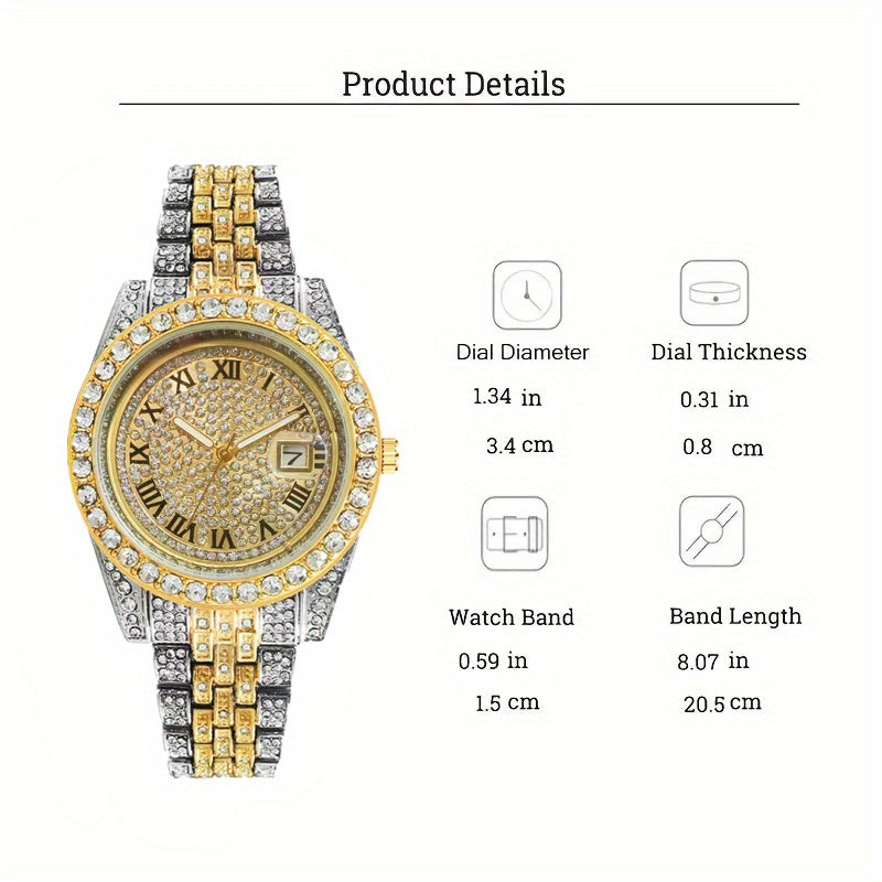 4pcs Men's Hip Hop Bling Set: Golden-Tone Quartz Watch with Rhinestone Bezel, 14mm Cuban Chain Necklace & Bracelet, Cross Pendant - Luxurious Jewelry Gift