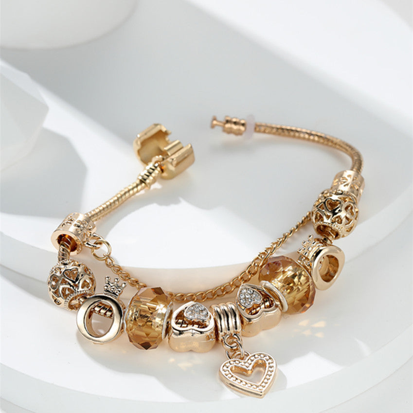 1pc Alloy Exquisite Golden Bracelet DIY Color Preserving Plating Fashionable Love Beads Charm Bracelet Valentine's Day Gift Jewelry Accessories