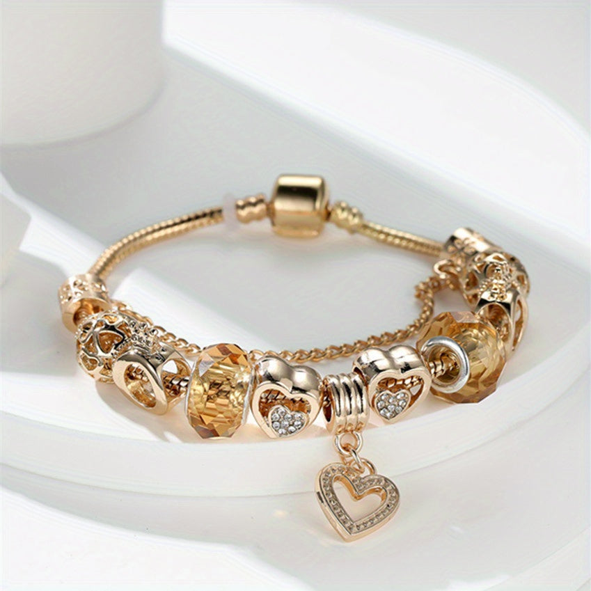 1pc Alloy Exquisite Golden Bracelet DIY Color Preserving Plating Fashionable Love Beads Charm Bracelet Valentine's Day Gift Jewelry Accessories