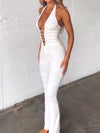 Women Lace Jumpsuits Halter Neck Cross Backless Sleeveless Long Rompers Summer Slim Playsuits Female Clubwear