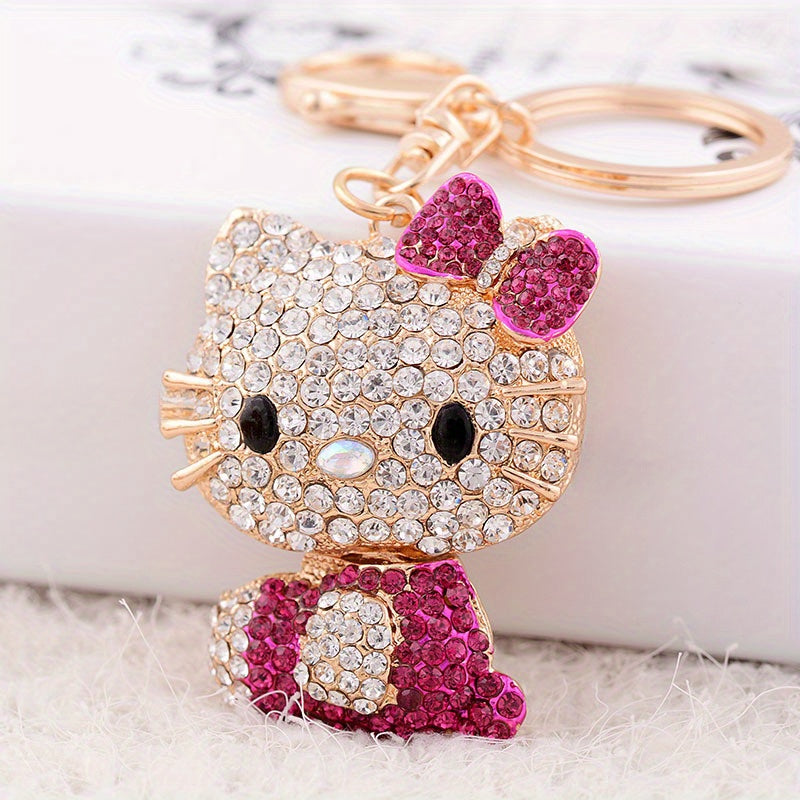 Cartoon Cat Rhinestone Keychain – Sparkling Alloy Metal Key Ring with Ring Buckle, Cute Bag & Car Charm for Women, Valentine’s Day Gift Idea