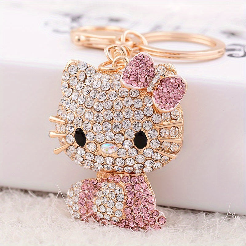 Sanrio Cartoon Cat Keychain, Rhinestone-Encrusted Alloy Metal, Ladies Fashion Key Ring, Single Piece, Valentine'S Day Gift, Decorative Bag & Car Charm with Ring Buckle
