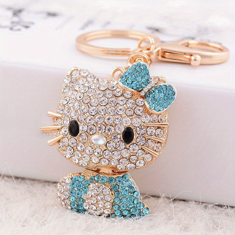 Sanrio Cartoon Cat Keychain, Rhinestone-Encrusted Alloy Metal, Ladies Fashion Key Ring, Single Piece, Valentine'S Day Gift, Decorative Bag & Car Charm with Ring Buckle