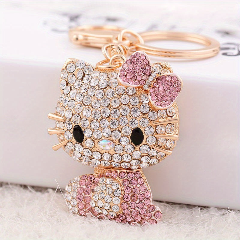 Cartoon Cat Rhinestone Keychain – Sparkling Alloy Metal Key Ring with Ring Buckle, Cute Bag & Car Charm for Women, Valentine’s Day Gift Idea