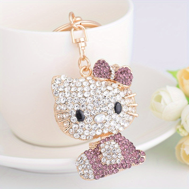 Cartoon Cat Rhinestone Keychain – Sparkling Alloy Metal Key Ring with Ring Buckle, Cute Bag & Car Charm for Women, Valentine’s Day Gift Idea