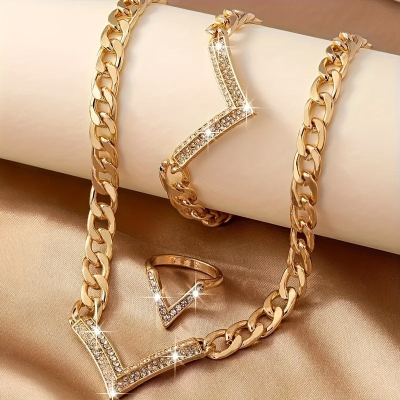 1set Ring + Bracelet + Necklace Stylish Jewelry Set Sparkling V + Chain Design Match Daily Outfits Party Accessories Perfect Decor For Fashion Trends Followers