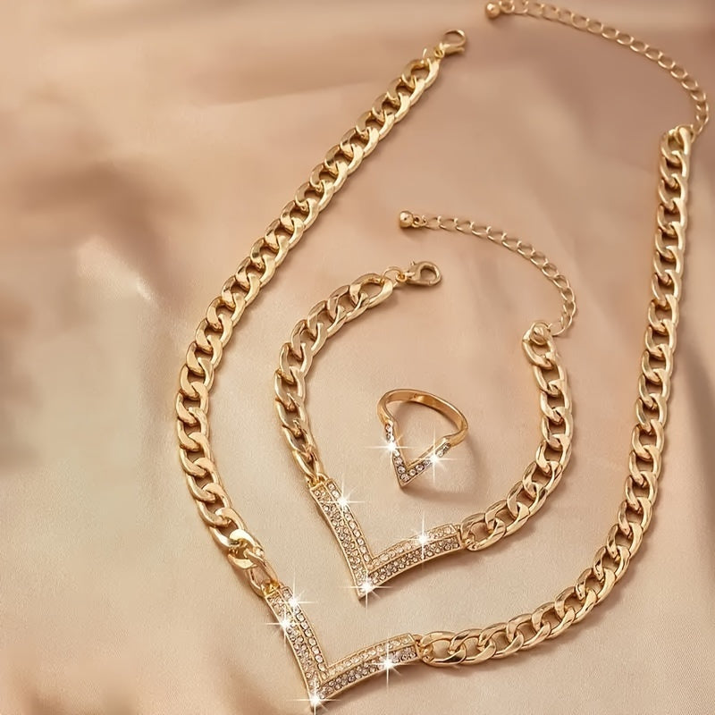 1set Ring + Bracelet + Necklace Stylish Jewelry Set Sparkling V + Chain Design Match Daily Outfits Party Accessories Perfect Decor For Fashion Trends Followers