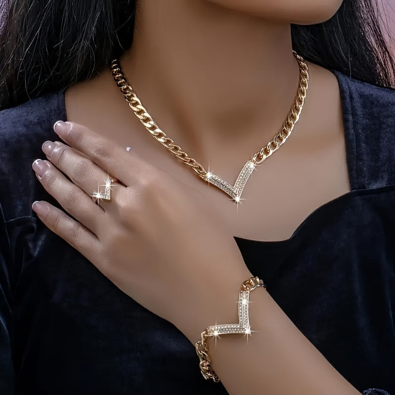 1set Ring + Bracelet + Necklace Stylish Jewelry Set Sparkling V + Chain Design Match Daily Outfits Party Accessories Perfect Decor For Fashion Trends Followers