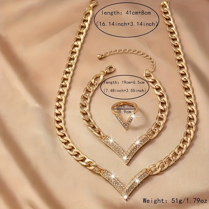 1set Ring + Bracelet + Necklace Stylish Jewelry Set Sparkling V + Chain Design Match Daily Outfits Party Accessories Perfect Decor For Fashion Trends Followers