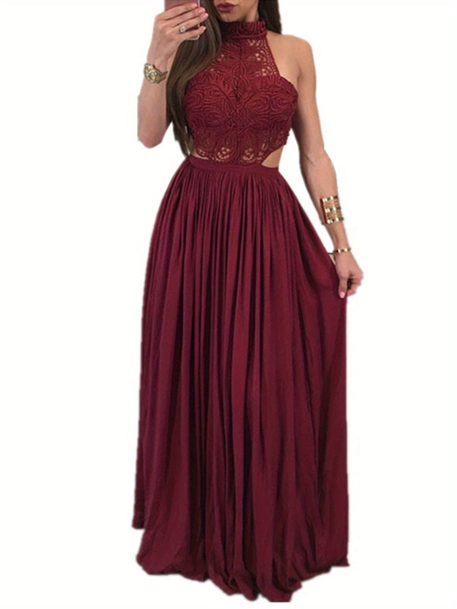 Women Hollow Out Lace Halter Dress, Crochet High Waist Pleated Maxi Dress Wedding Party Dress