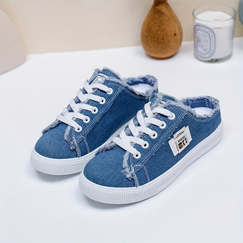 Women's Lightweight Breathable Flat Sole Sneakers - White Distressed Casual Running Walking Shoes with Fabric Upper, EVA Cushioned Sole & All-Season Comfort