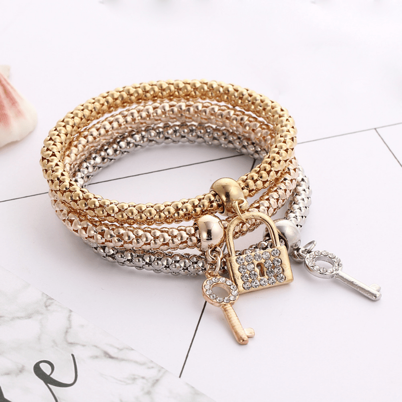 Elegant 3pcs Stackable Bracelet Set with Lock & Key Pendants - Fashion Accessory, Perfect Gift for Men and Women