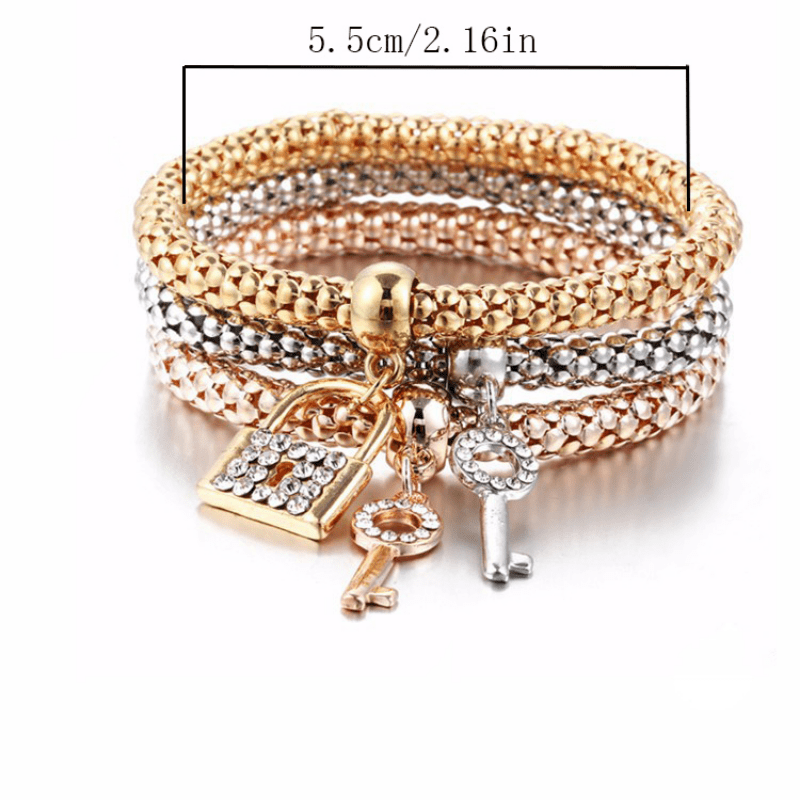 Elegant 3pcs Stackable Bracelet Set with Lock & Key Pendants - Fashion Accessory, Perfect Gift for Men and Women