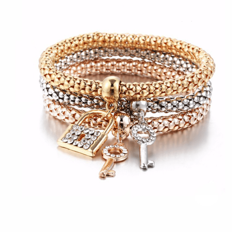 Elegant 3pcs Stackable Bracelet Set with Lock & Key Pendants - Fashion Accessory, Perfect Gift for Men and Women