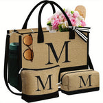 Initial Jute Tote Bag & 2 Makeup Bags - Best Birthday Gifts for Her, Women Friends