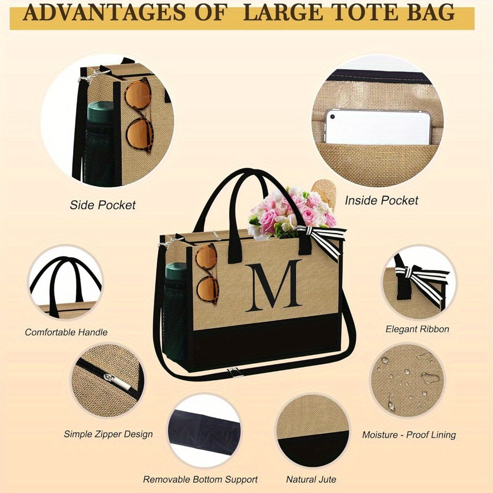 Initial Jute Tote Bag & 2 Makeup Bags - Best Birthday Gifts for Her, Women Friends