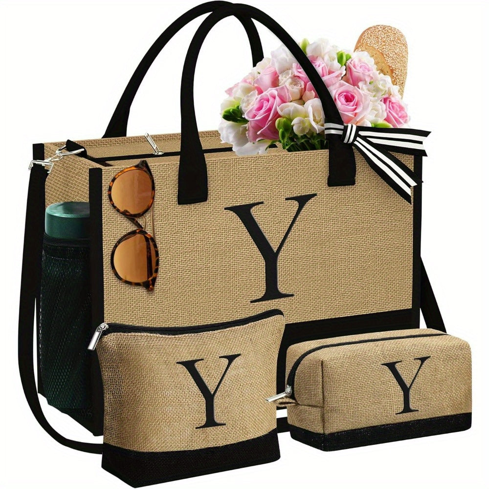 Initial Jute Tote Bag & 2 Makeup Bags - Best Birthday Gifts for Her, Women Friends