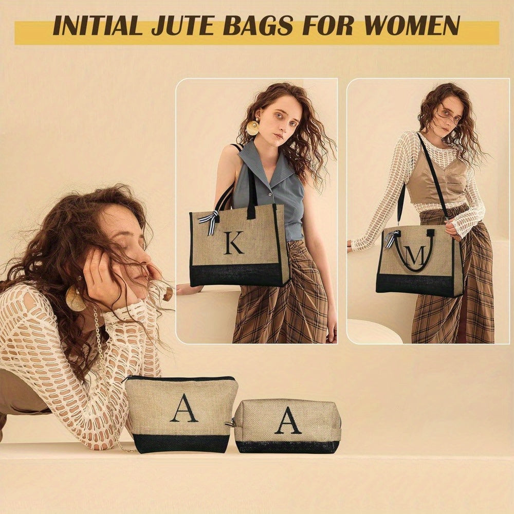 Initial Jute Tote Bag & 2 Makeup Bags - Best Birthday Gifts for Her, Women Friends