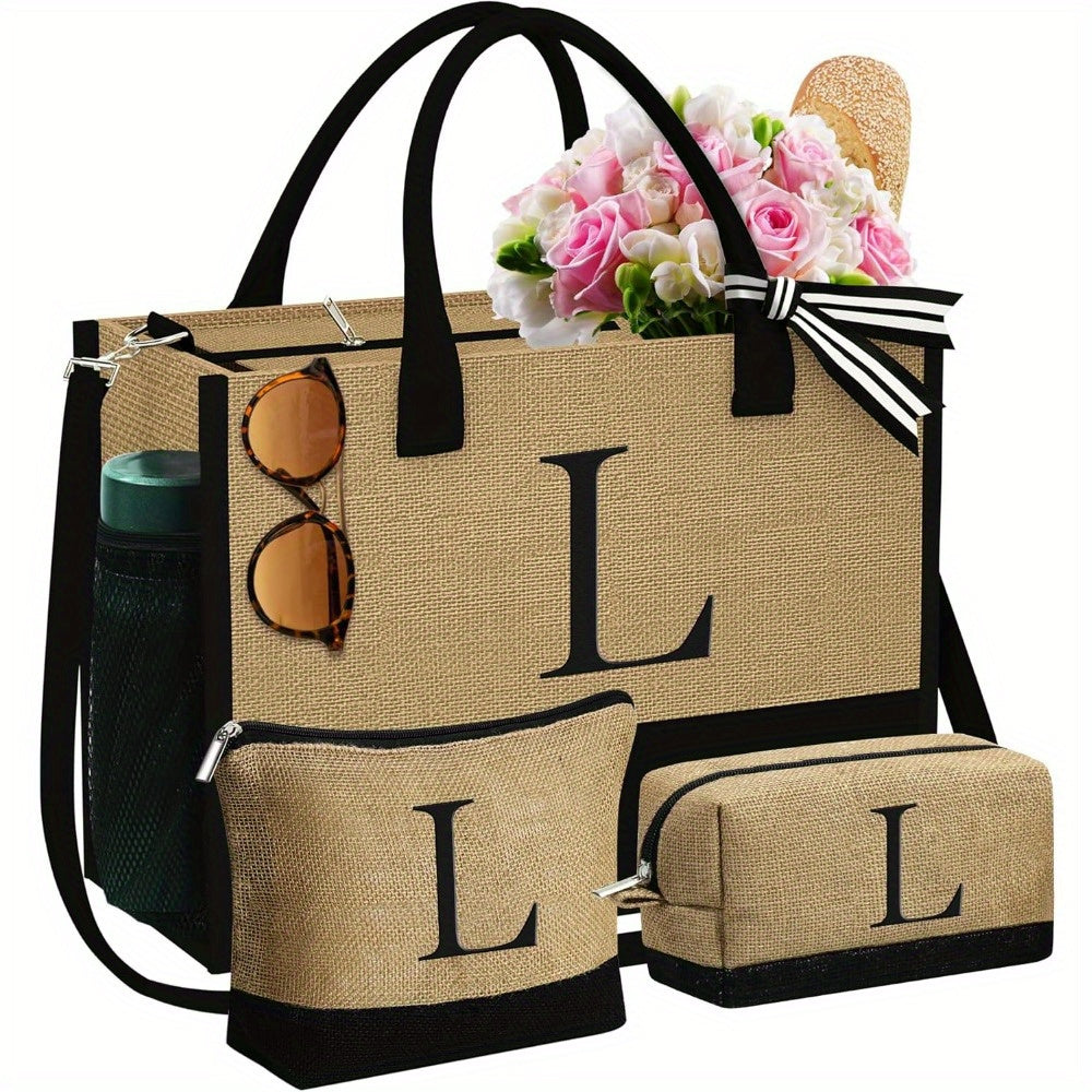 Initial Jute Tote Bag & 2 Makeup Bags - Best Birthday Gifts for Her, Women Friends