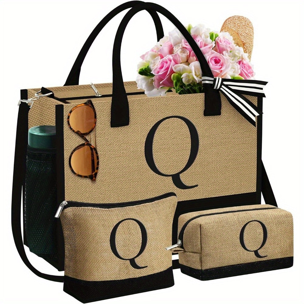 Initial Jute Tote Bag & 2 Makeup Bags - Best Birthday Gifts for Her, Women Friends