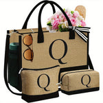 Initial Jute Tote Bag & 2 Makeup Bags - Best Birthday Gifts for Her, Women Friends