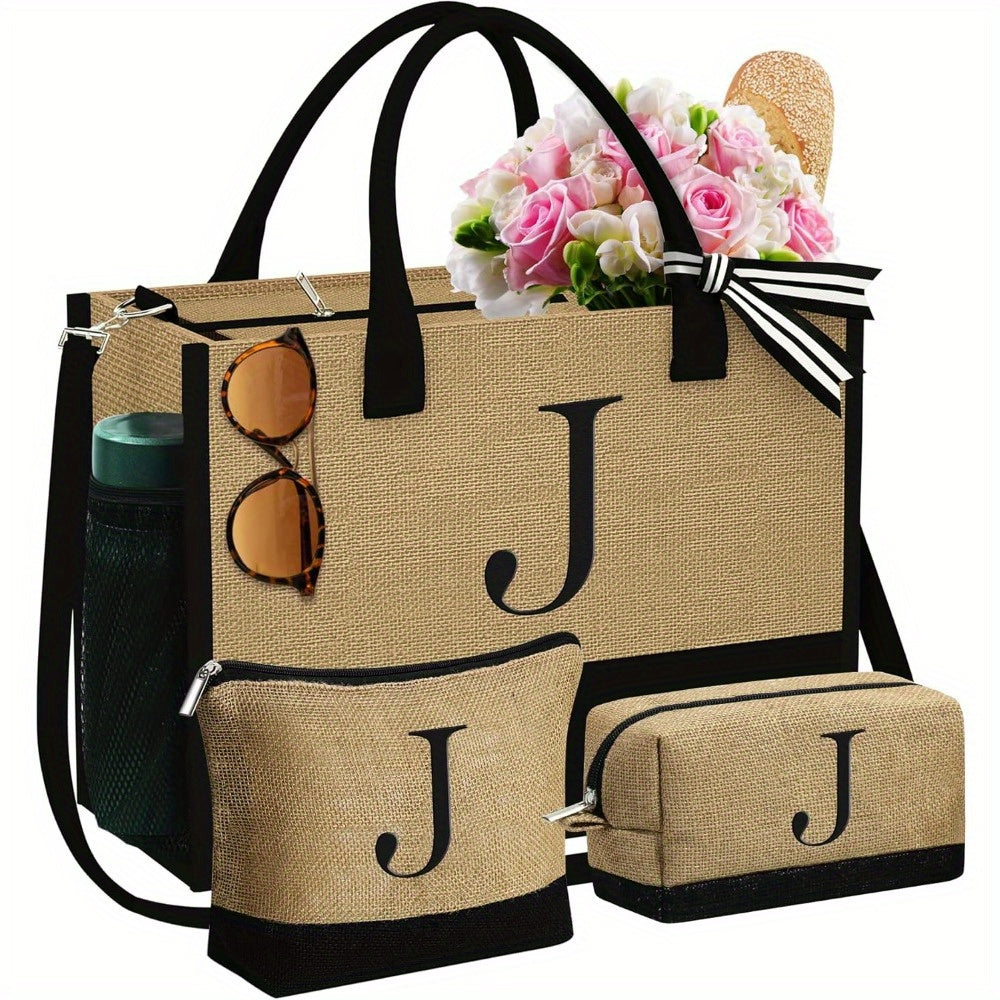 Initial Jute Tote Bag & 2 Makeup Bags - Best Birthday Gifts for Her, Women Friends
