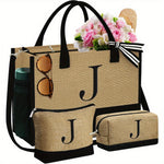 Initial Jute Tote Bag & 2 Makeup Bags - Best Birthday Gifts for Her, Women Friends