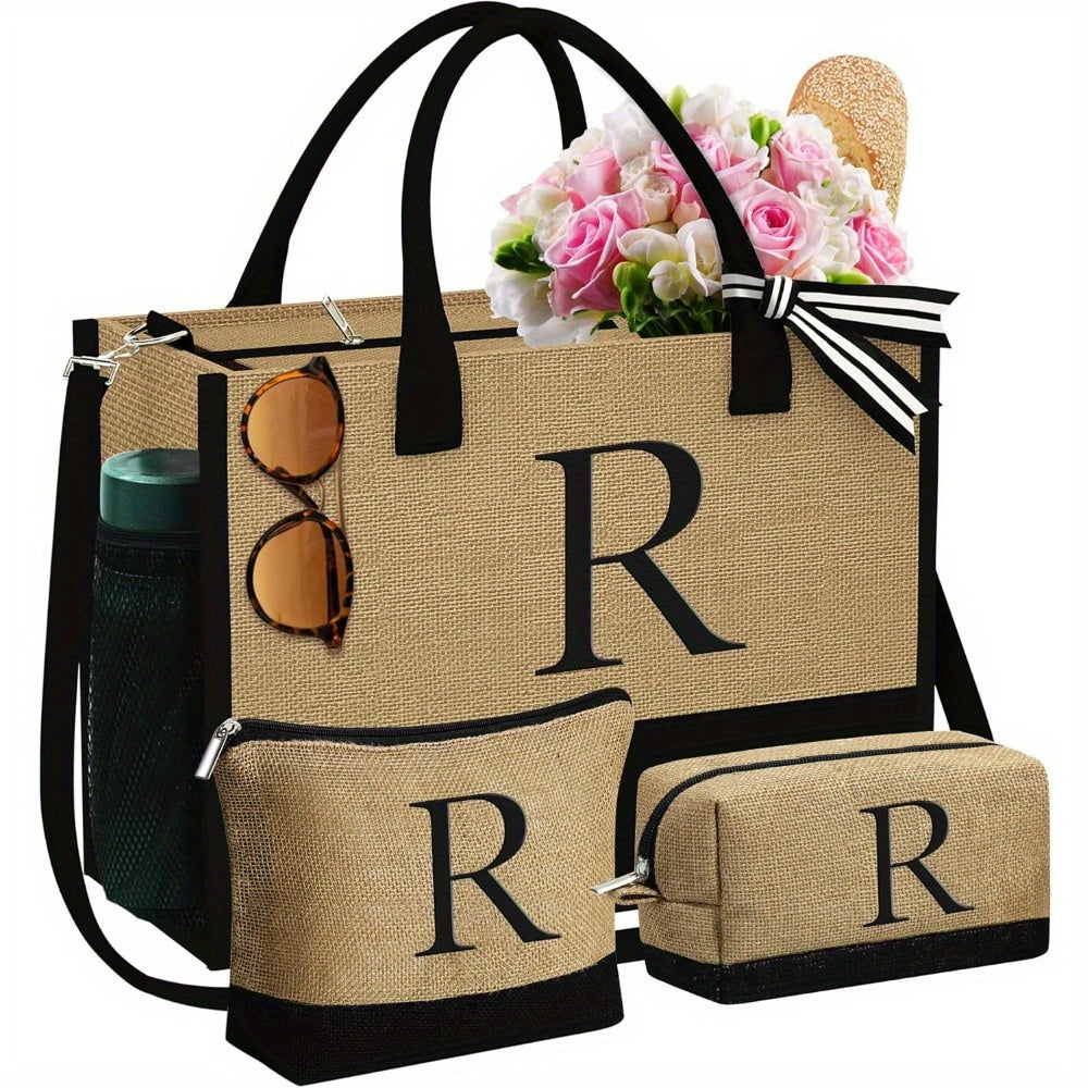 Initial Jute Tote Bag & 2 Makeup Bags - Best Birthday Gifts for Her, Women Friends