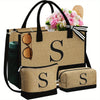 Initial Jute Tote Bag & 2 Makeup Bags - Best Birthday Gifts for Her, Women Friends