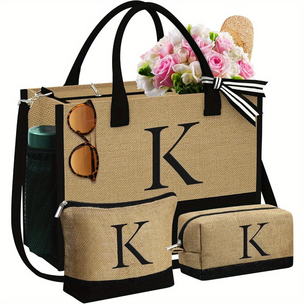 Initial Jute Tote Bag & 2 Makeup Bags - Best Birthday Gifts for Her, Women Friends
