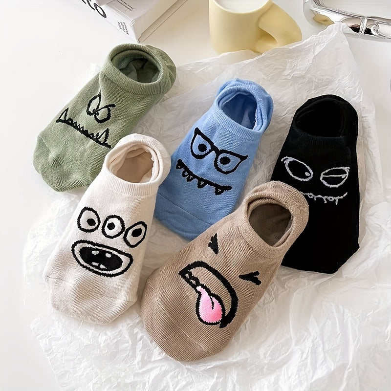 5 Pairs of Cartoon Print Socks, Funny Breathable Low Cut Ankle Socks, Women's Stockings and Socks