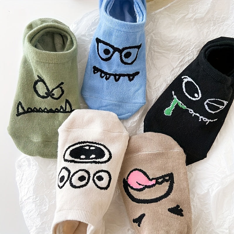 5 Pairs of Cartoon Print Socks, Funny Breathable Low Cut Ankle Socks, Women's Stockings and Socks