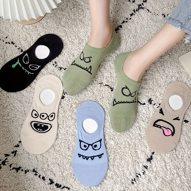 5 Pairs of Cartoon Print Socks, Funny Breathable Low Cut Ankle Socks, Women's Stockings and Socks