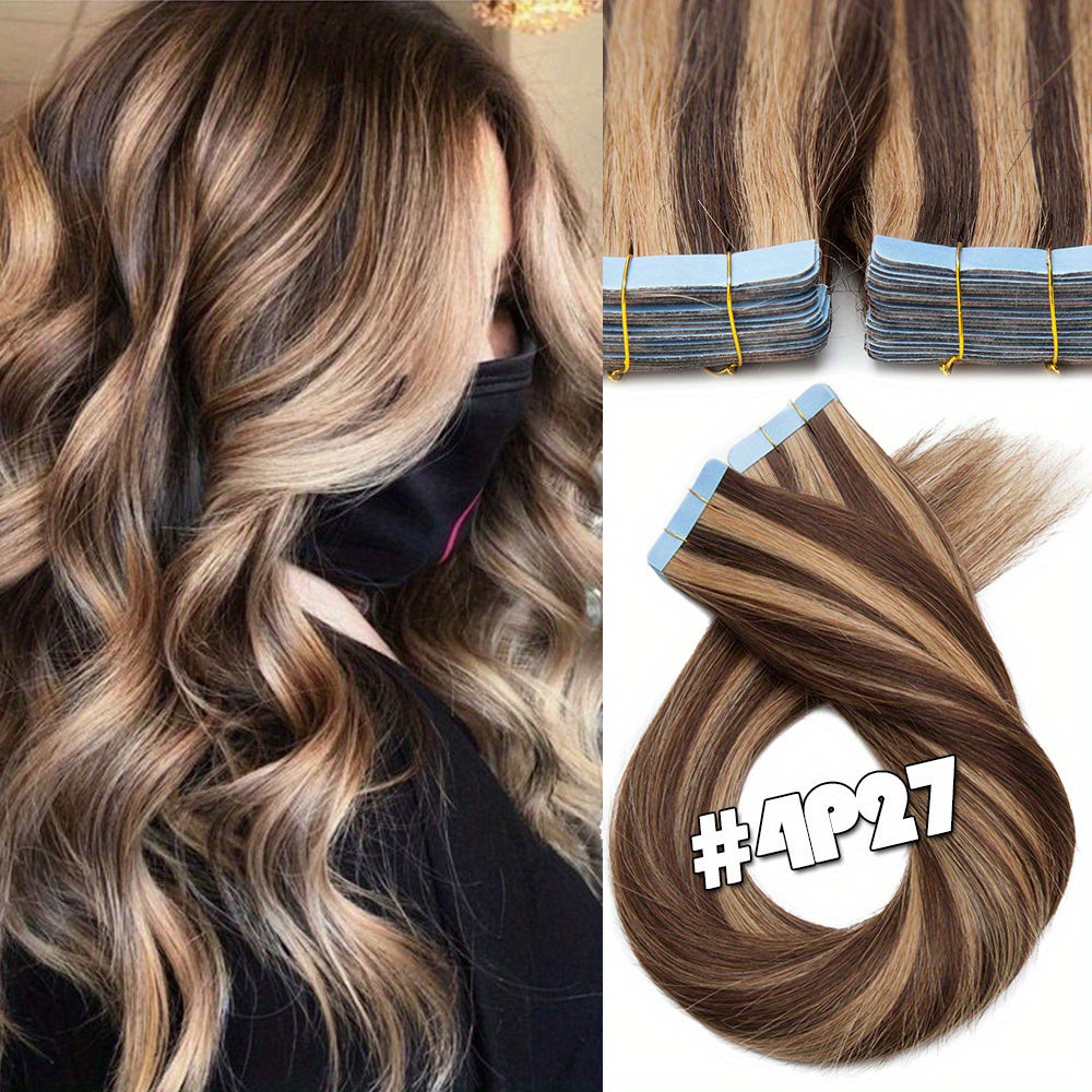 40PCS 100G Thick Tape In Remy Hair Extensions - Seamless Skin Weft, Full Head, Mix Color, 16"18"20" Long, Straight, Natural Looking, Premium Quality, Easy to Apply, Reusable, Comfortable, and Durable Hair Extensions for Women