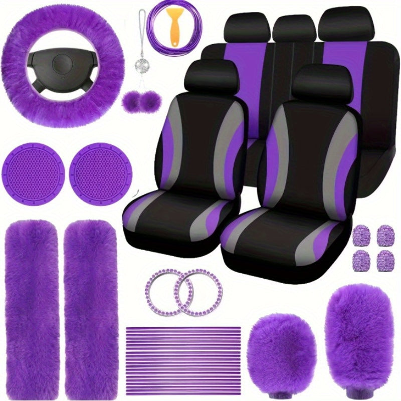 35pcs/ 4pcs Plush Cute Pink Car Interior Set for Women, Universal Fit for All Car Seats, with Plush Pendant Steering Wheel, All-Season Car Accessories, Multiple Colors Available