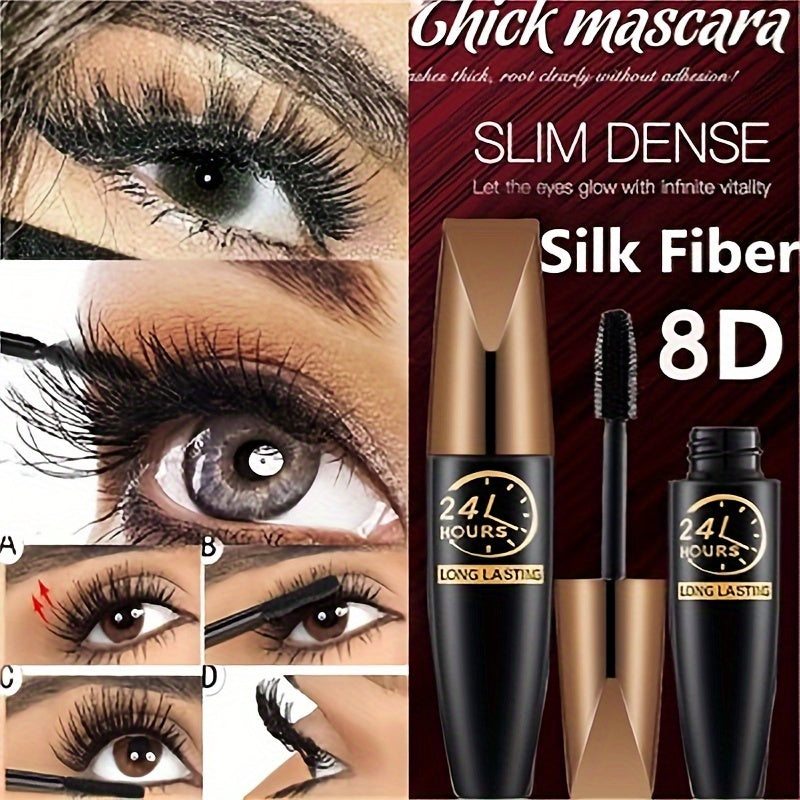 2Pcs 8D Silk Fiber Waterproof Mascara - Long-lasting, Dramatic Volume, Thickening & Curling for Eyelash Extension, Natural Look, Black