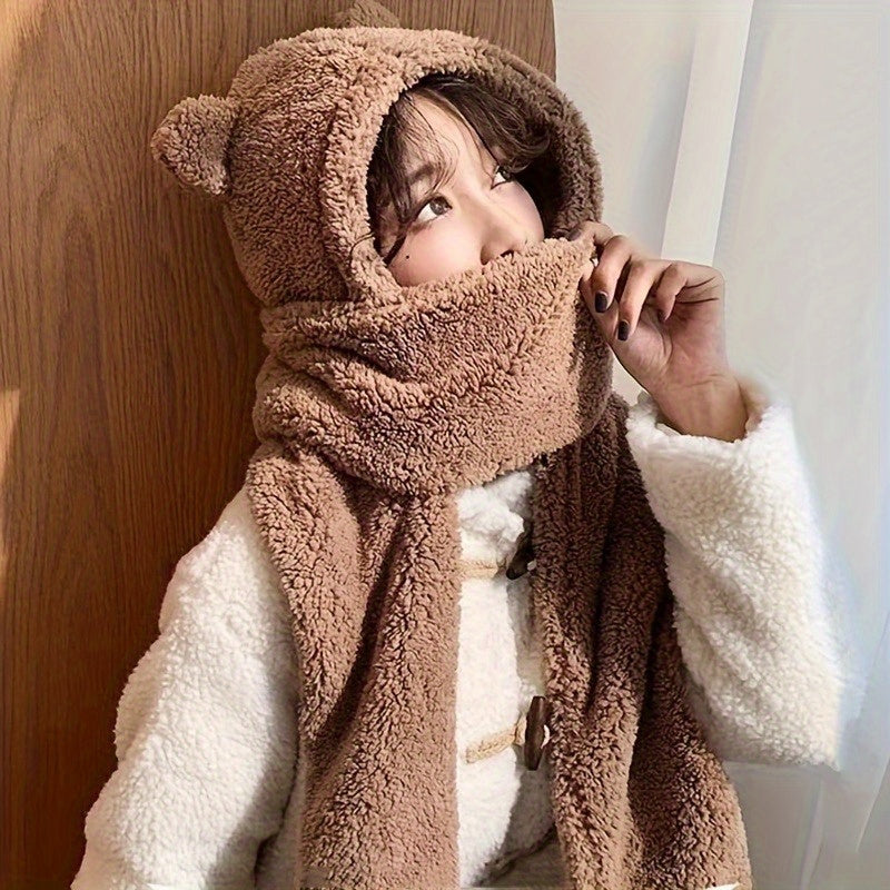 3-Piece Cute Bear Ear Fleece Headwear Set - Cozy Polyester Hat, Plush Scarf, & Mitten Combo for Women - Fall/Winter Outdoor Climbing Essentials