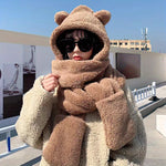 3-Piece Cute Bear Ear Fleece Headwear Set - Cozy Polyester Hat, Plush Scarf, & Mitten Combo for Women - Fall/Winter Outdoor Climbing Essentials