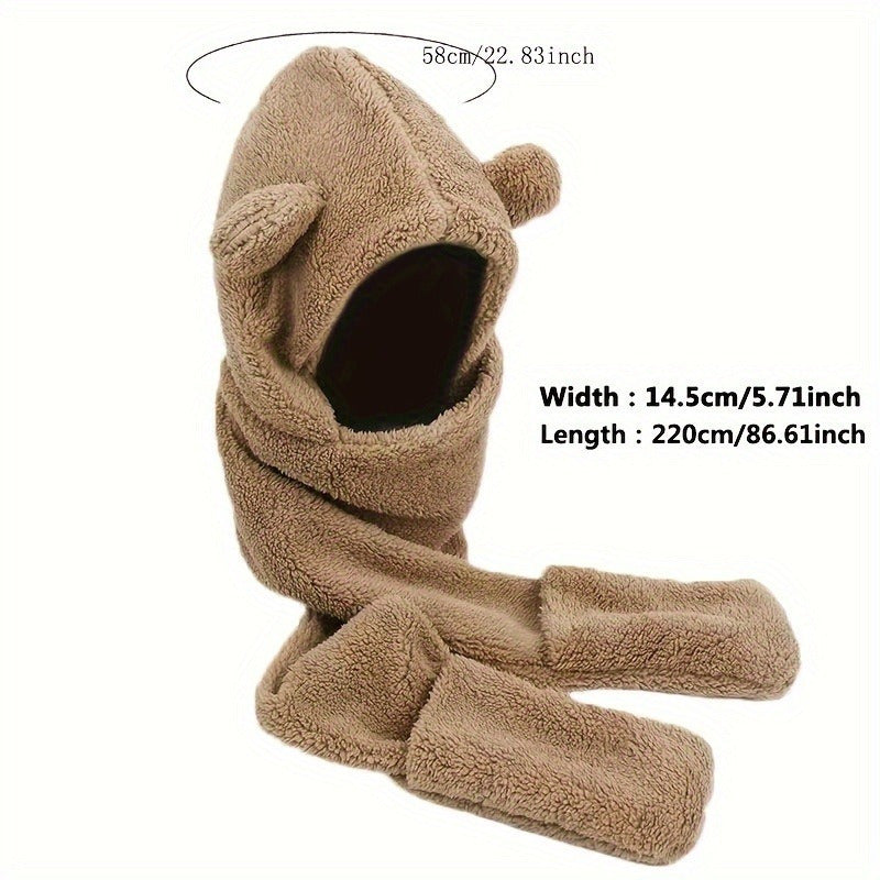 3-Piece Cute Bear Ear Fleece Headwear Set - Cozy Polyester Hat, Plush Scarf, & Mitten Combo for Women - Fall/Winter Outdoor Climbing Essentials